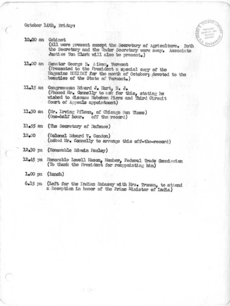 Daily Appointment Sheet for President Harry S. Truman