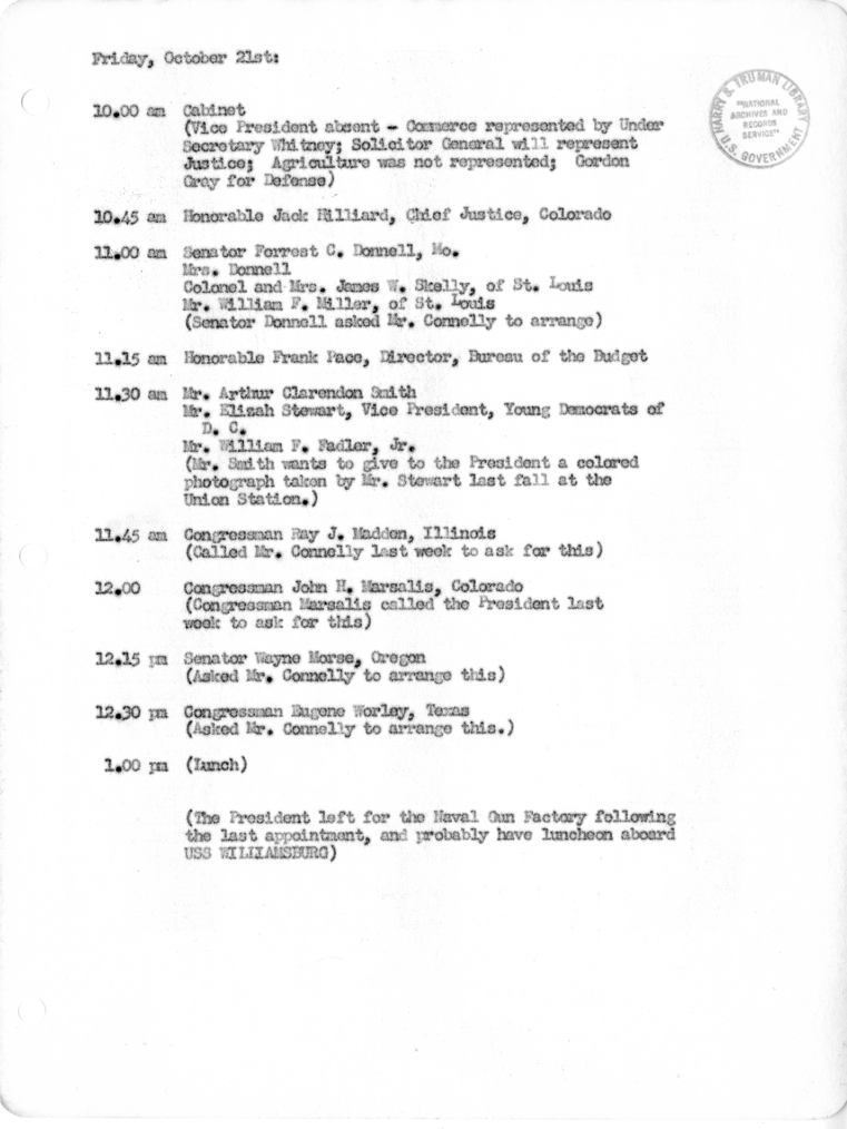 Daily Appointment Sheet for President Harry S. Truman