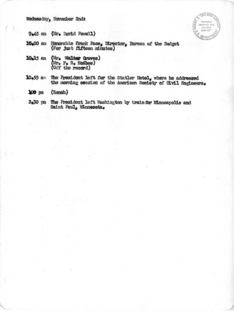 Daily Appointment Sheet for President Harry S. Truman