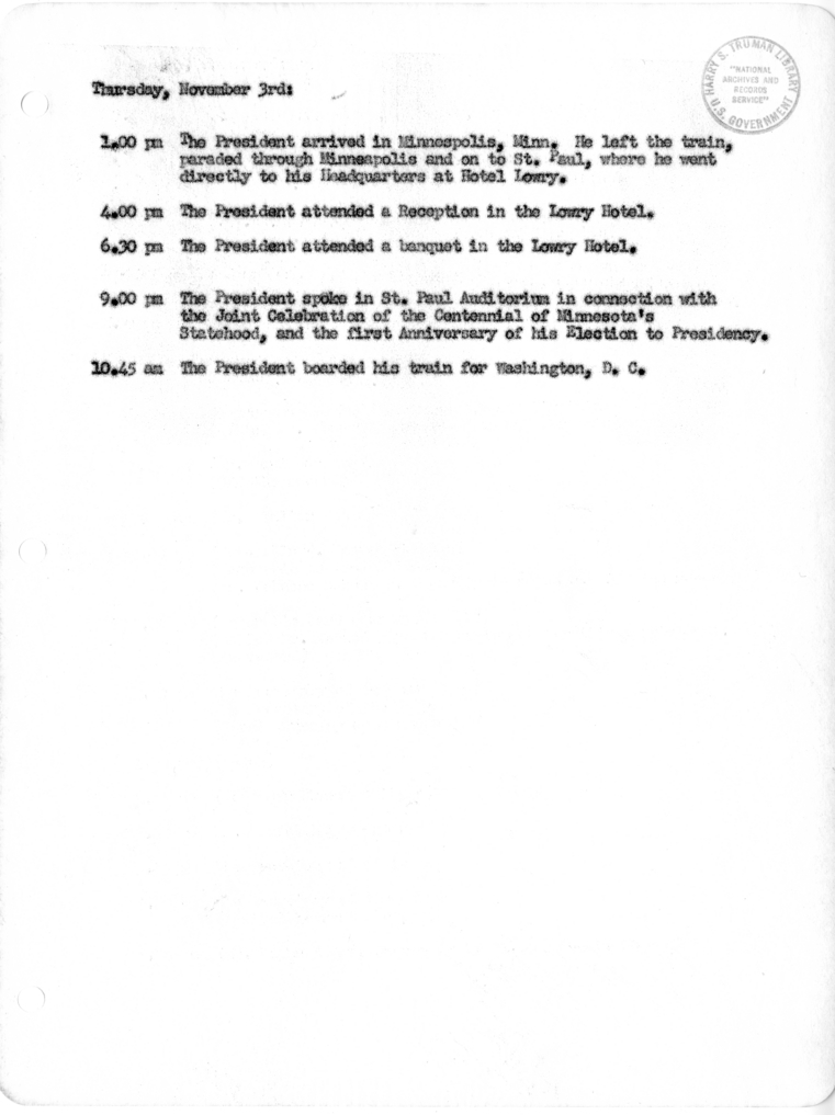 Daily Appointment Sheet for President Harry S. Truman