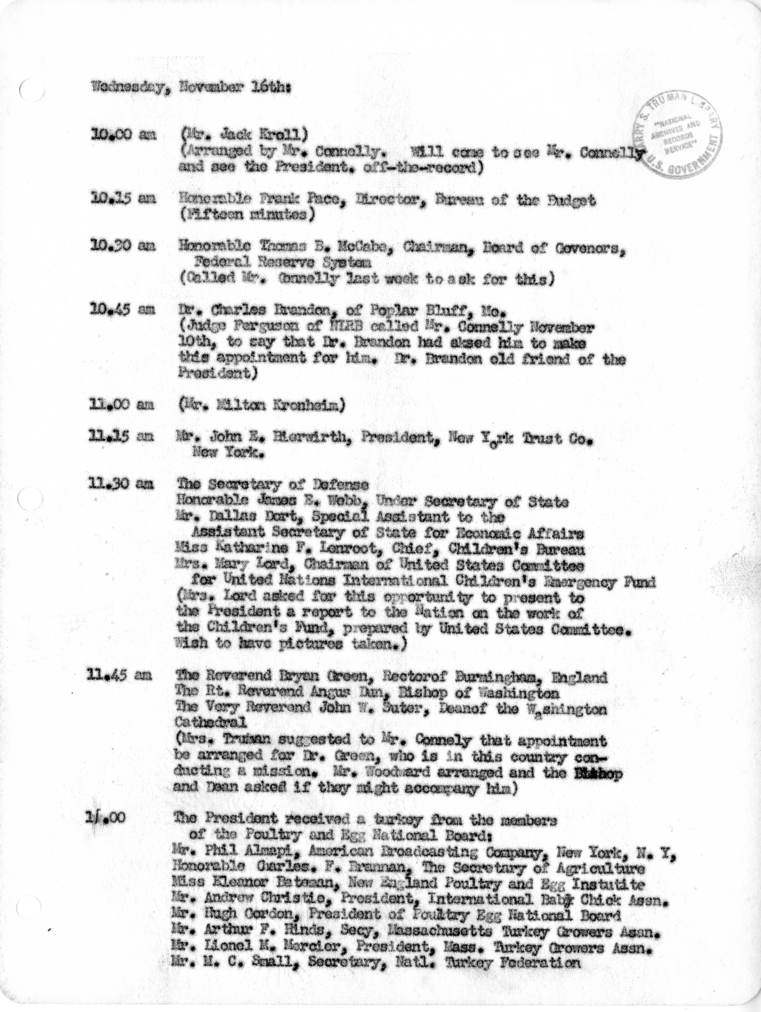 Daily Appointment Sheet for President Harry S. Truman