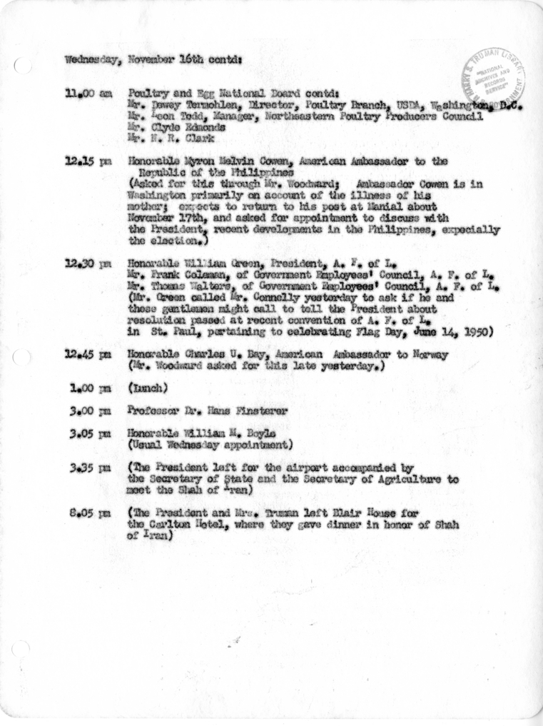 Daily Appointment Sheet for President Harry S. Truman