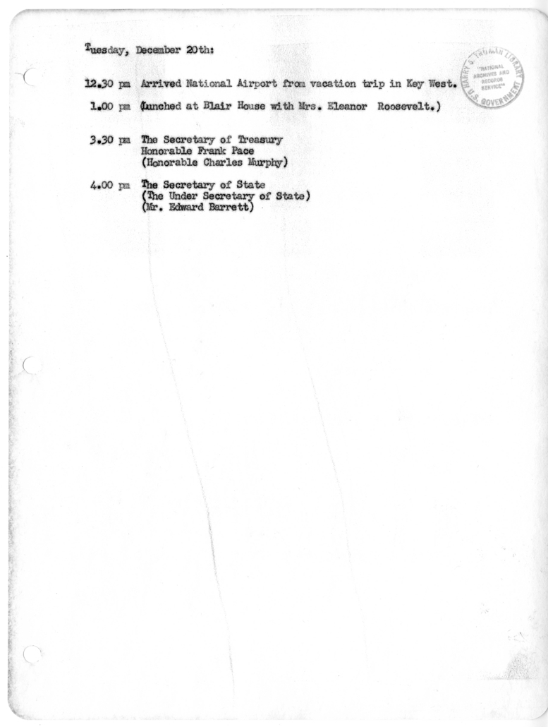 Daily Appointment Sheet for President Harry S. Truman