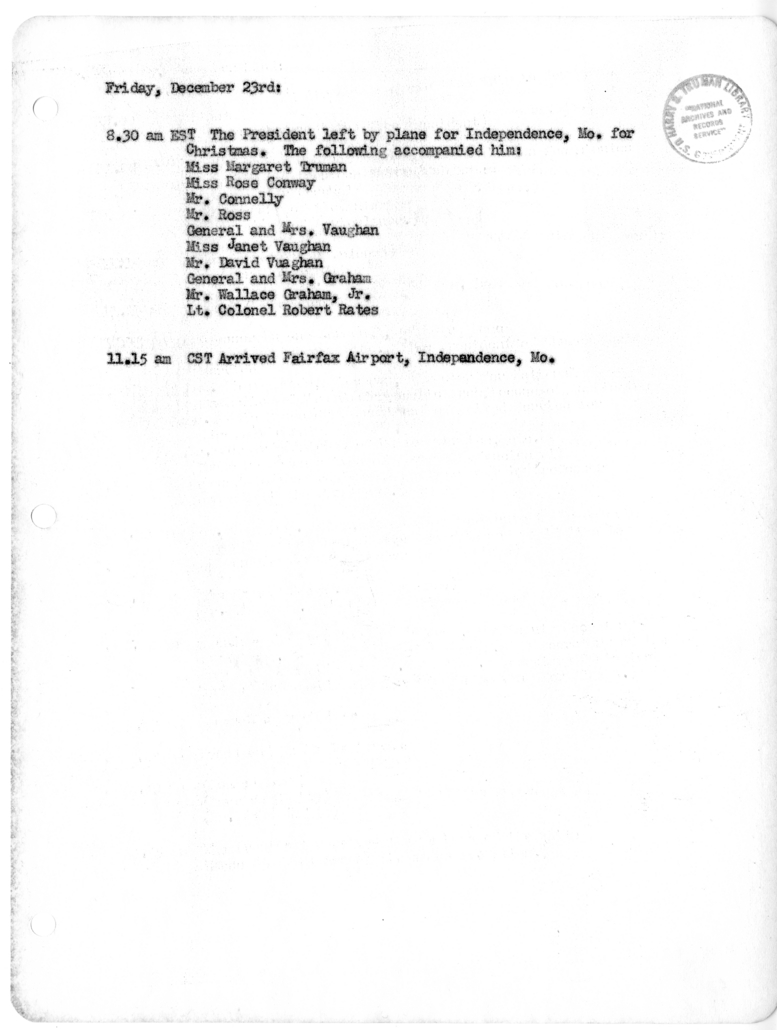 Daily Appointment Sheet for President Harry S. Truman