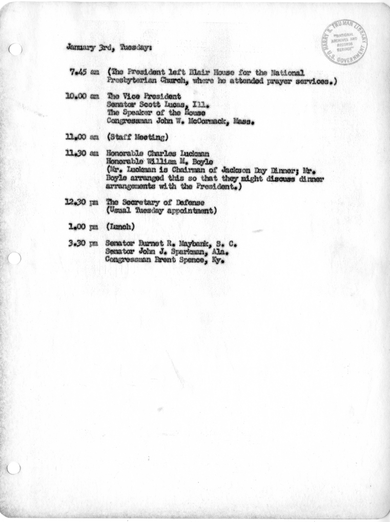 Daily Appointment Sheet for President Harry S. Truman