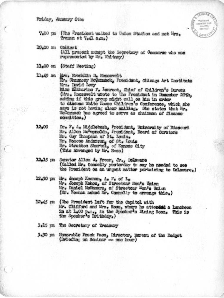 Daily Appointment Sheet for President Harry S. Truman