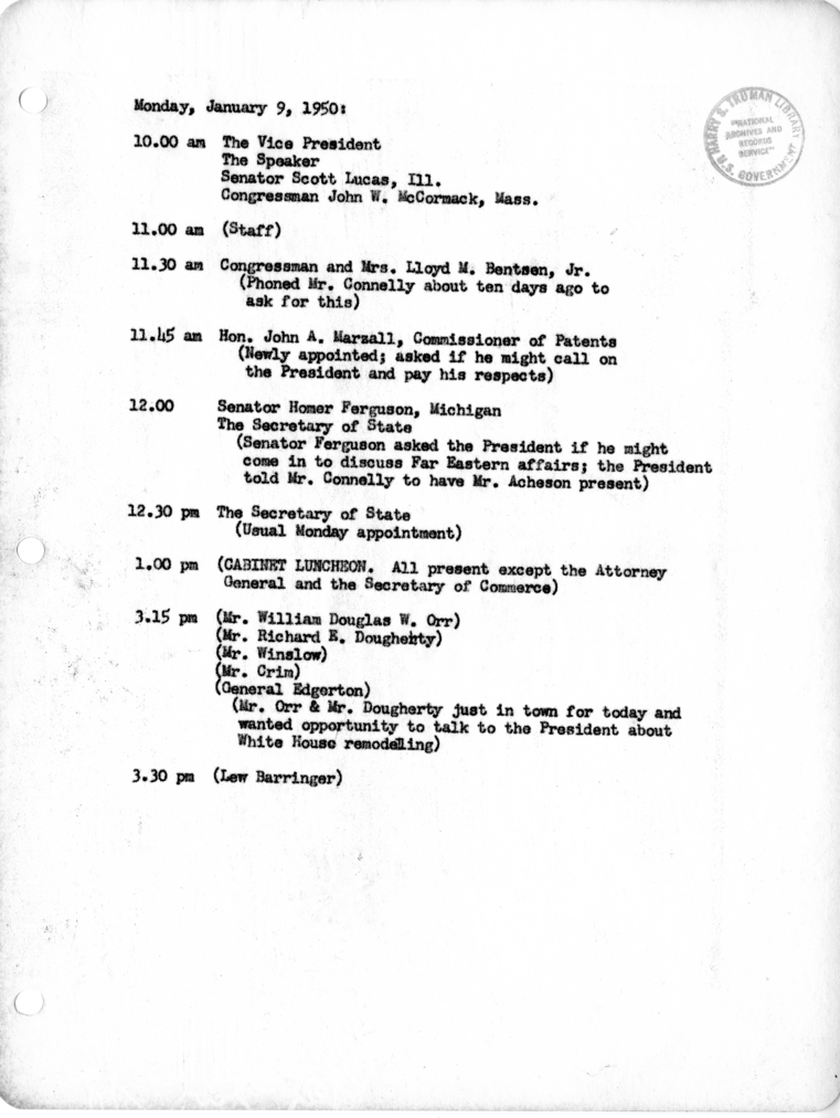 Daily Appointment Sheet for President Harry S. Truman