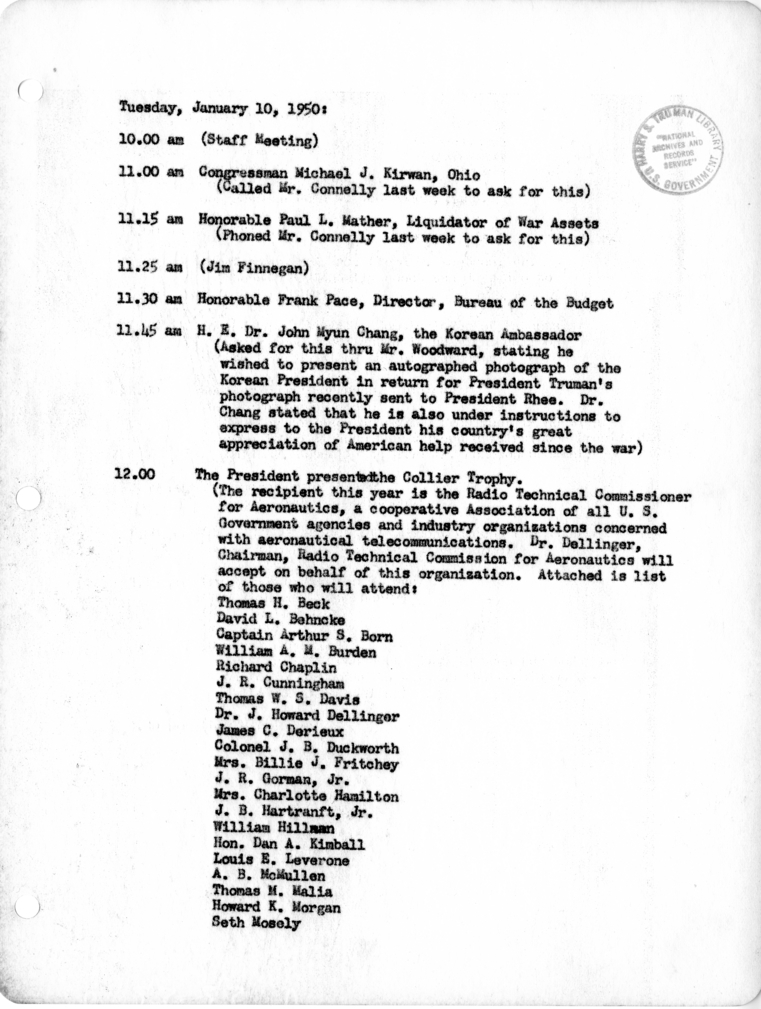 Daily Appointment Sheet for President Harry S. Truman