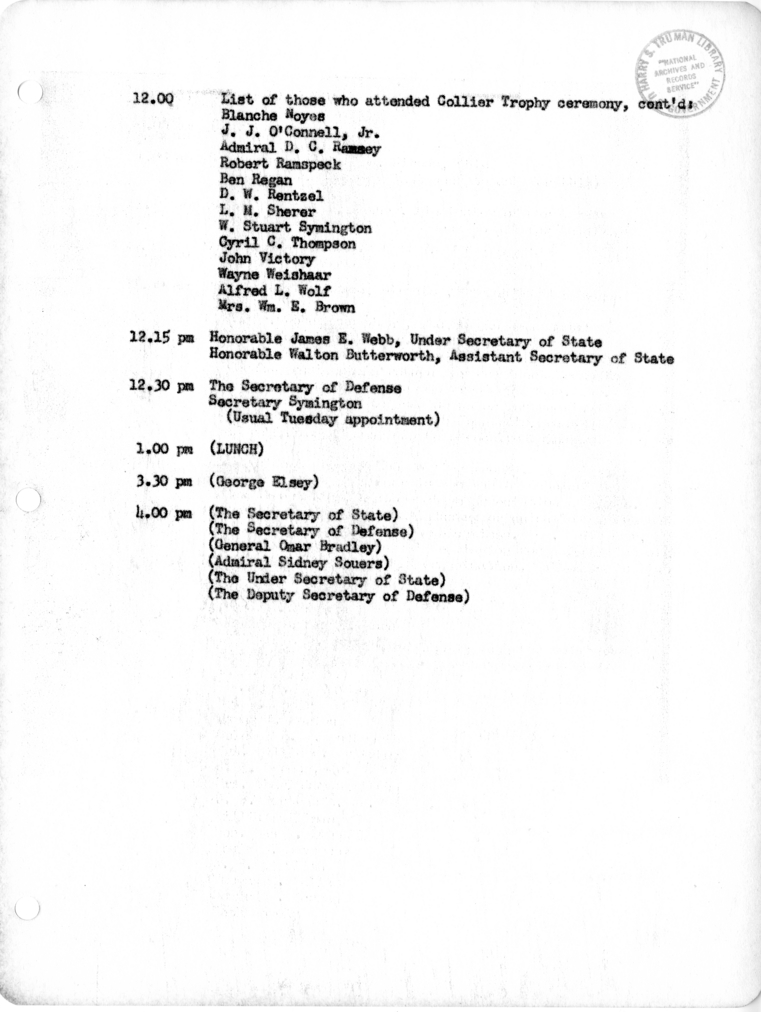 Daily Appointment Sheet for President Harry S. Truman