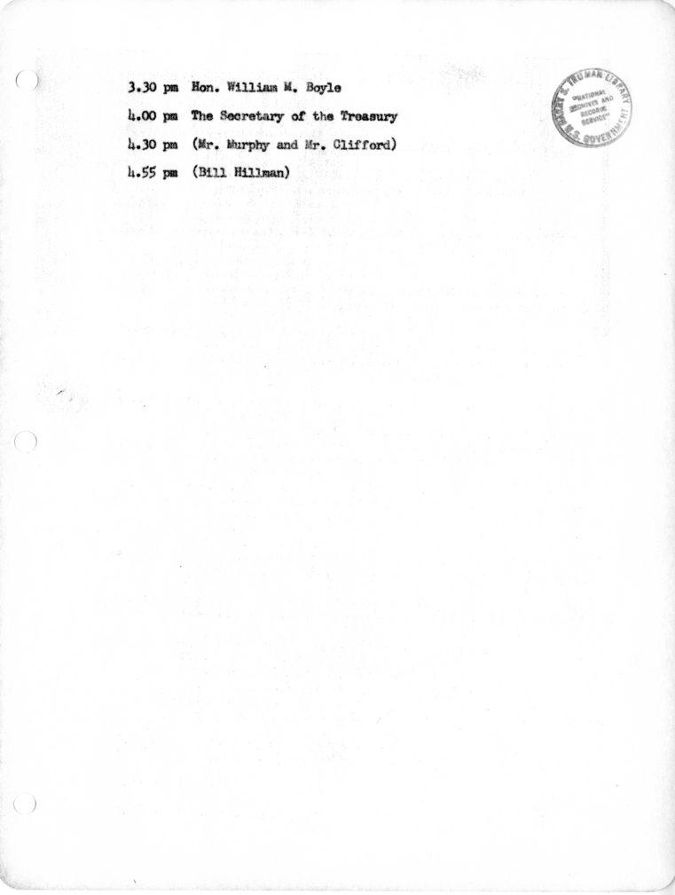 Daily Appointment Sheet for President Harry S. Truman