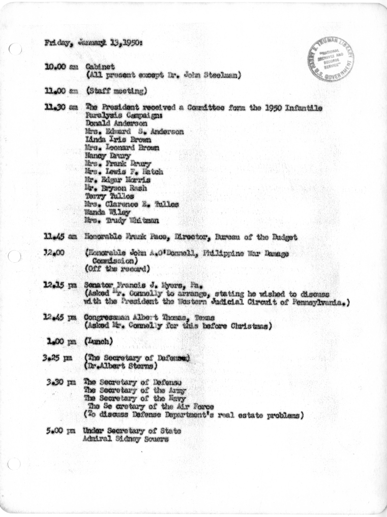 Daily Appointment Sheet for President Harry S. Truman
