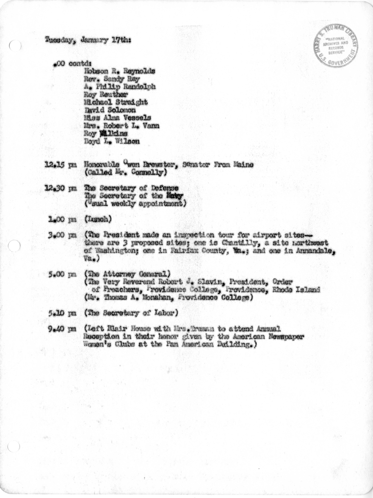 Daily Appointment Sheet for President Harry S. Truman