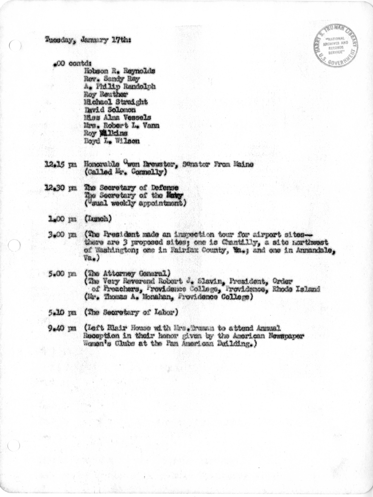 Daily Appointment Sheet for President Harry S. Truman