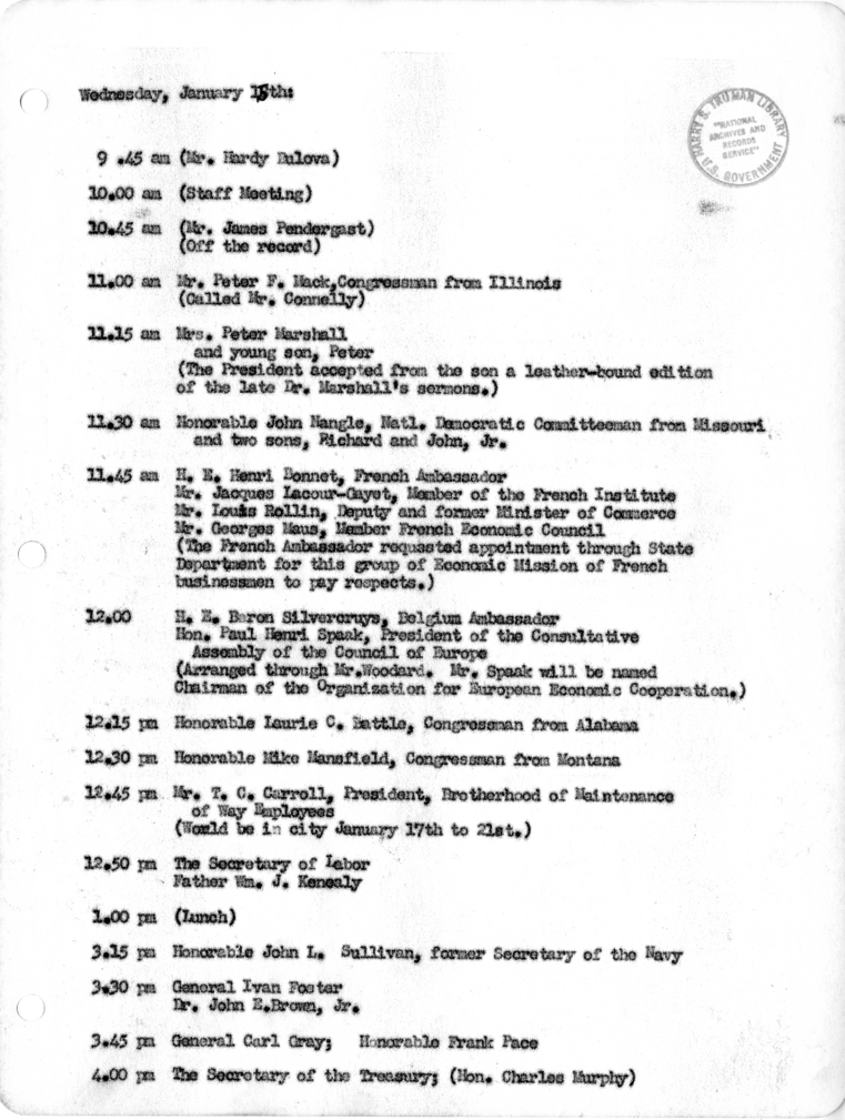 Daily Appointment Sheet for President Harry S. Truman