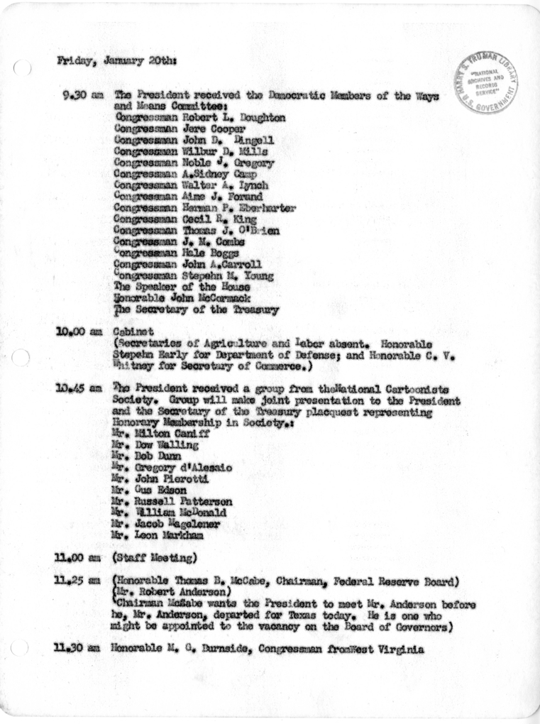 Daily Appointment Sheet for President Harry S. Truman