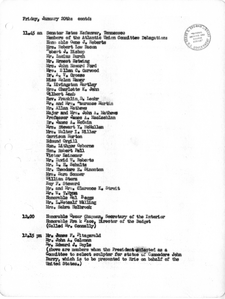 Daily Appointment Sheet for President Harry S. Truman