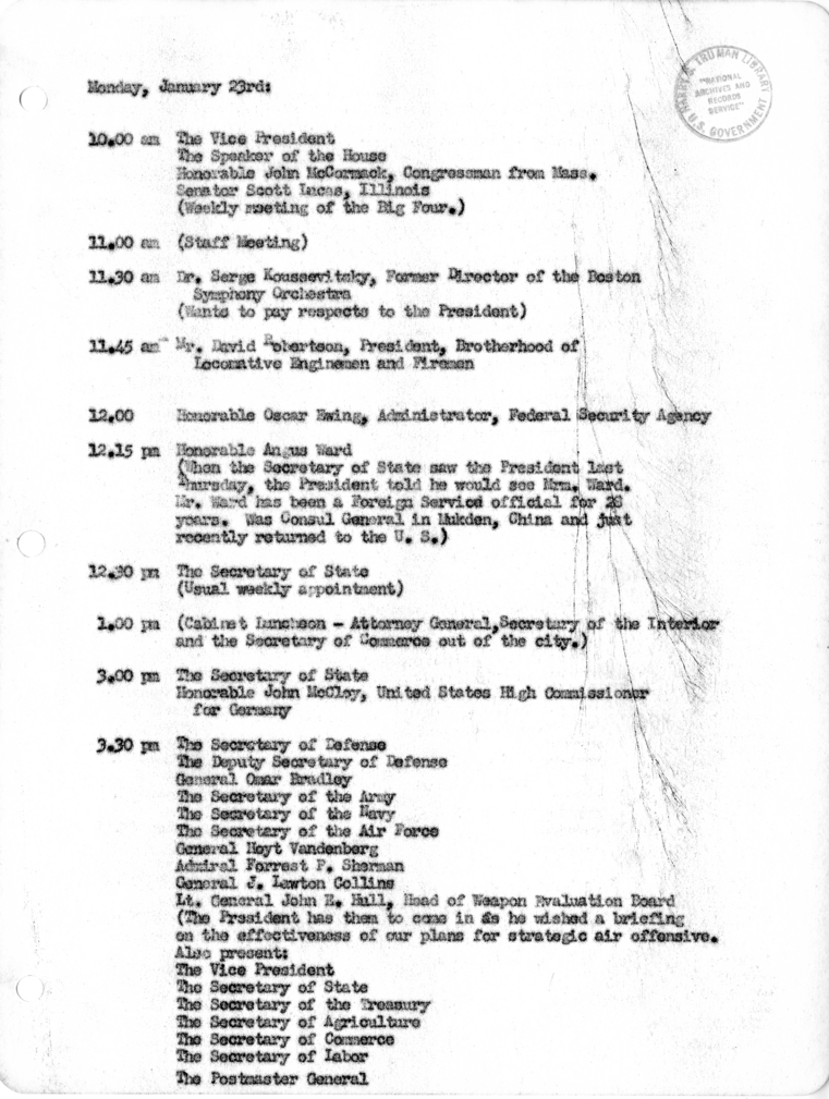 Daily Appointment Sheet for President Harry S. Truman