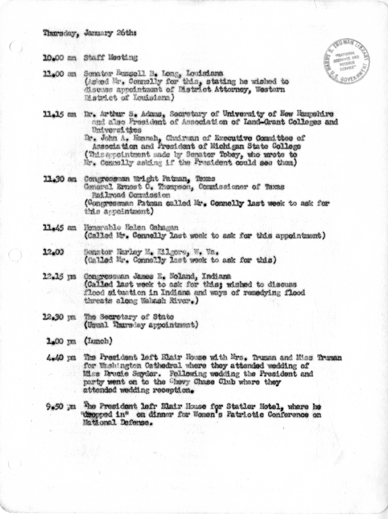 Daily Appointment Sheet for President Harry S. Truman