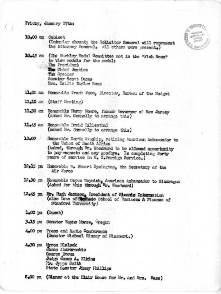 Daily Appointment Sheet for President Harry S. Truman