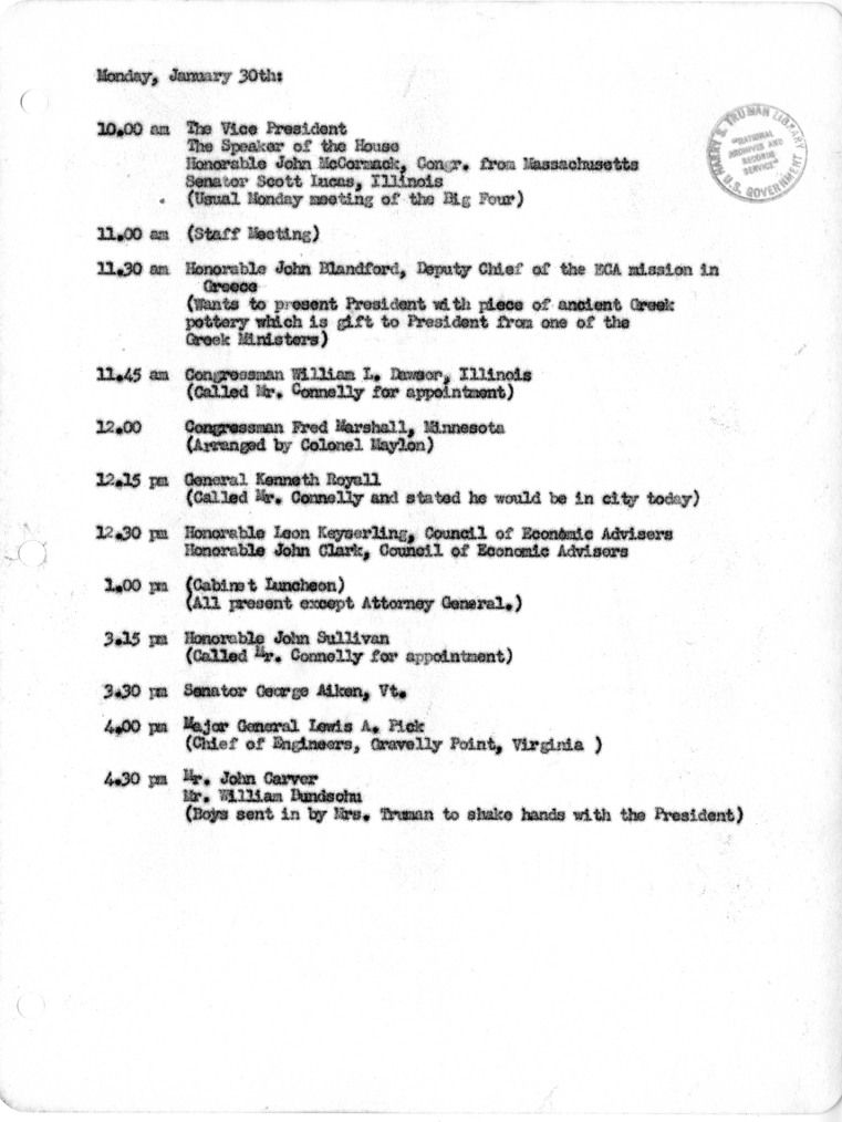 Daily Appointment Sheet for President Harry S. Truman