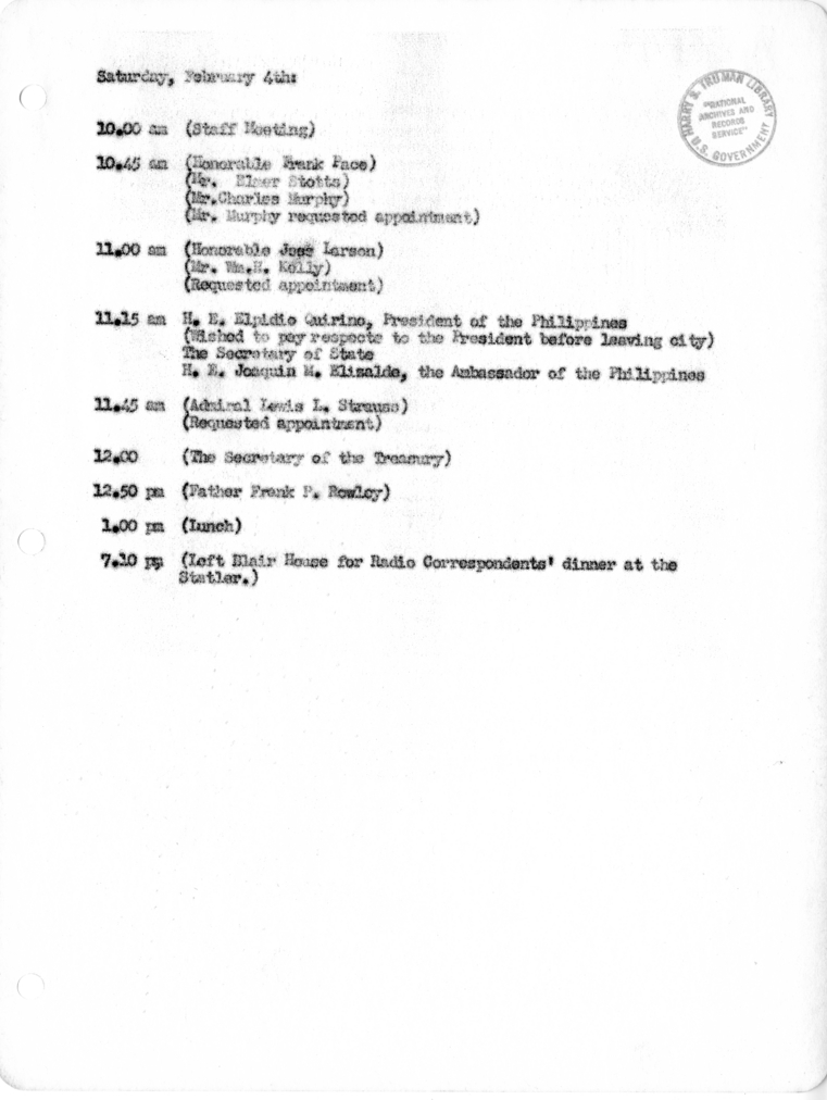 Daily Appointment Sheet for President Harry S. Truman