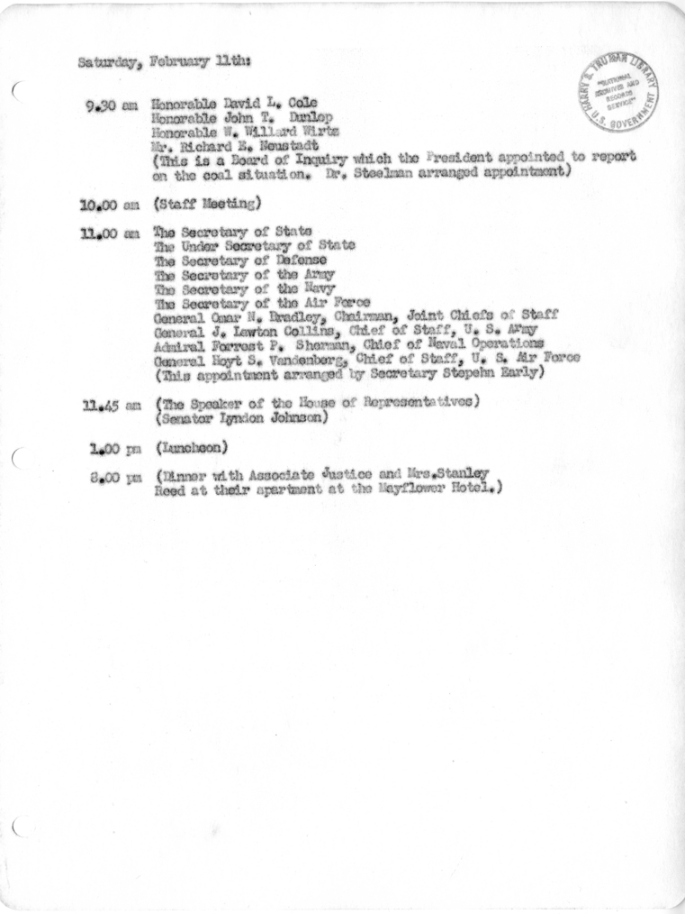 Daily Appointment Sheet for President Harry S. Truman