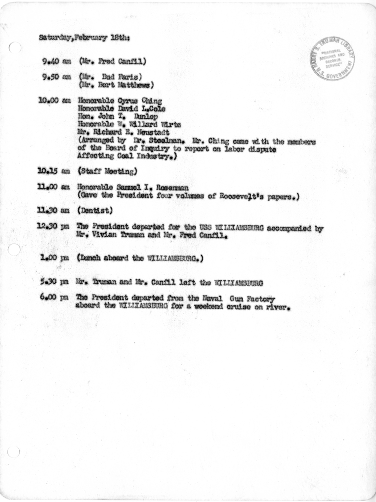 Daily Appointment Sheet for President Harry S. Truman