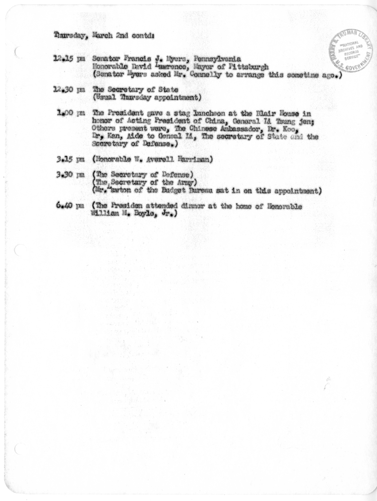 Daily Appointment Sheet for President Harry S. Truman