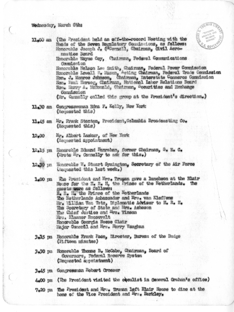 Daily Appointment Sheet for President Harry S. Truman