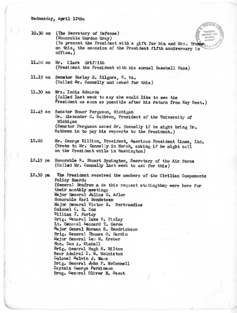 Daily Appointment Sheet for President Harry S. Truman