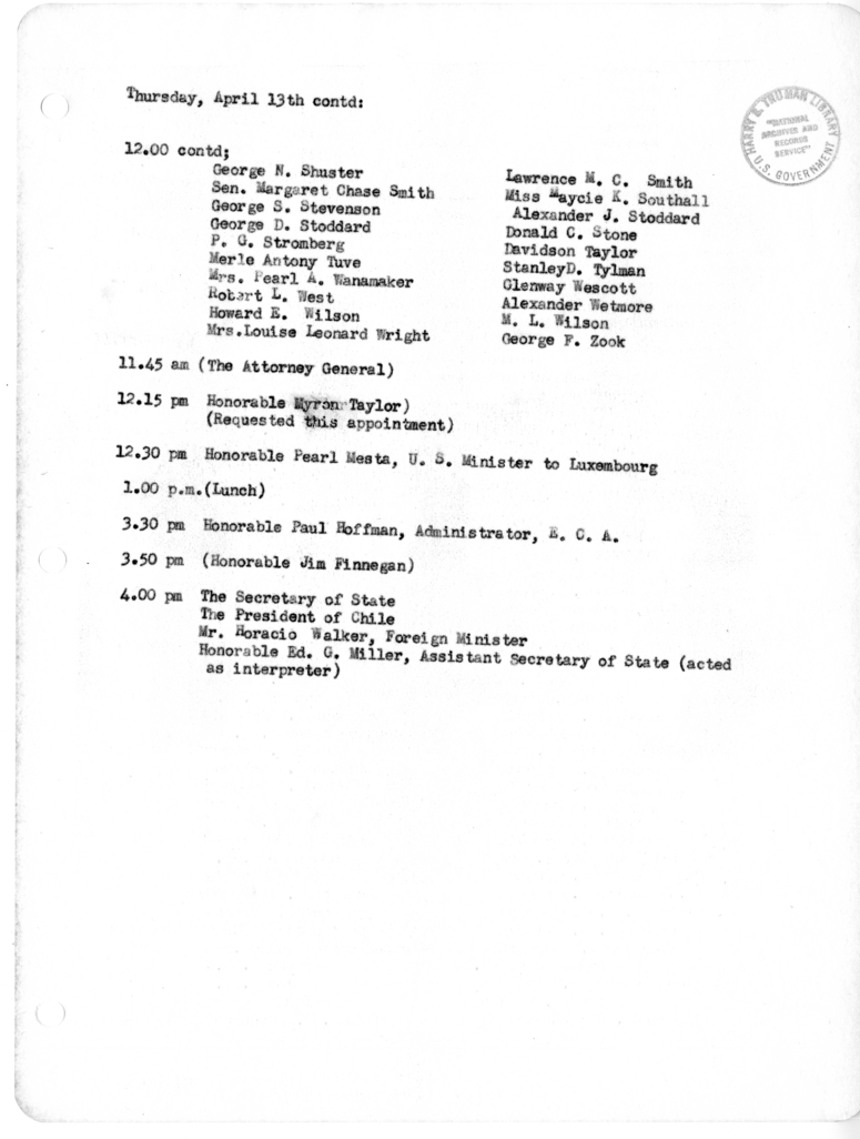 Daily Appointment Sheet for President Harry S. Truman