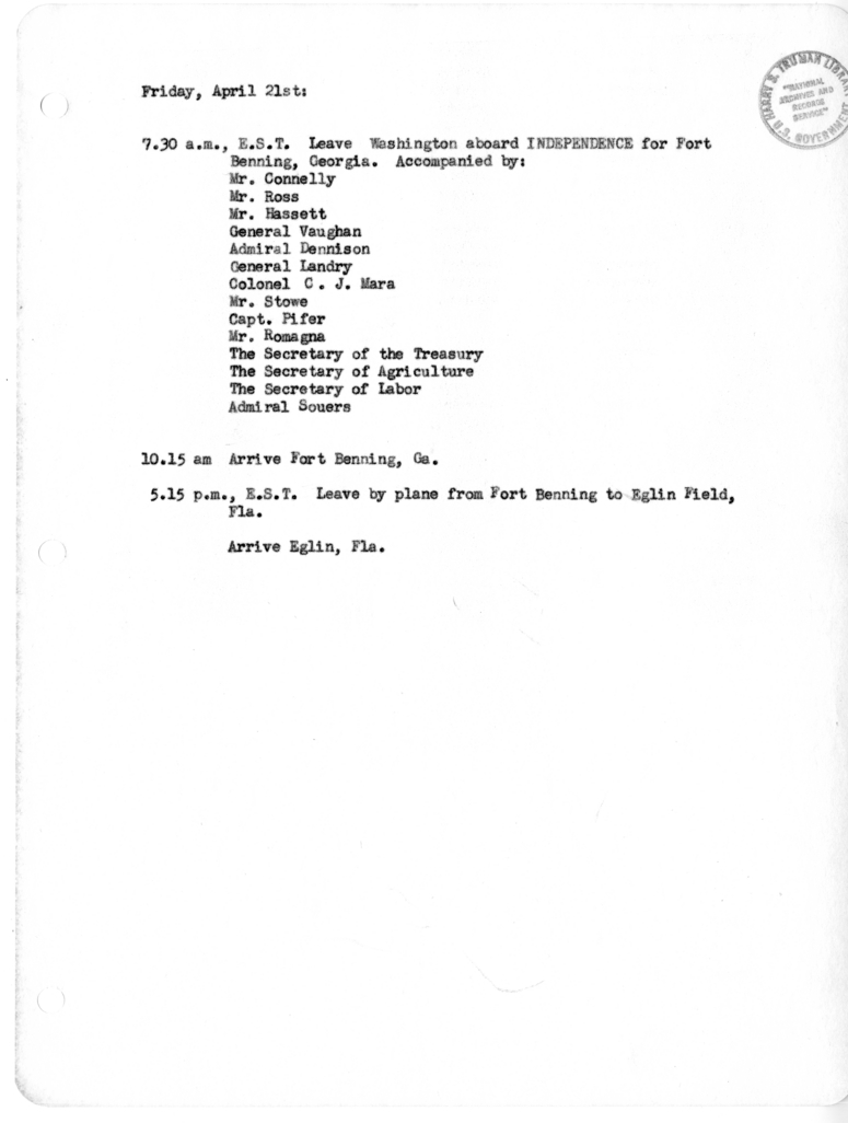 Daily Appointment Sheet for President Harry S. Truman