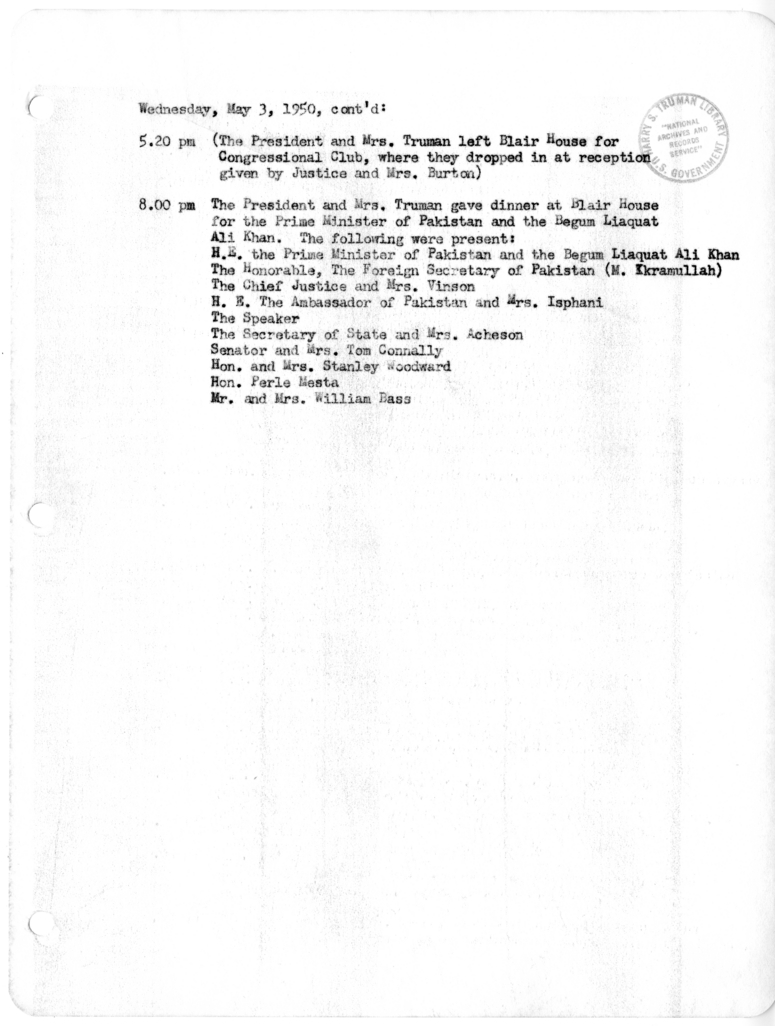 Daily Appointment Sheet for President Harry S. Truman