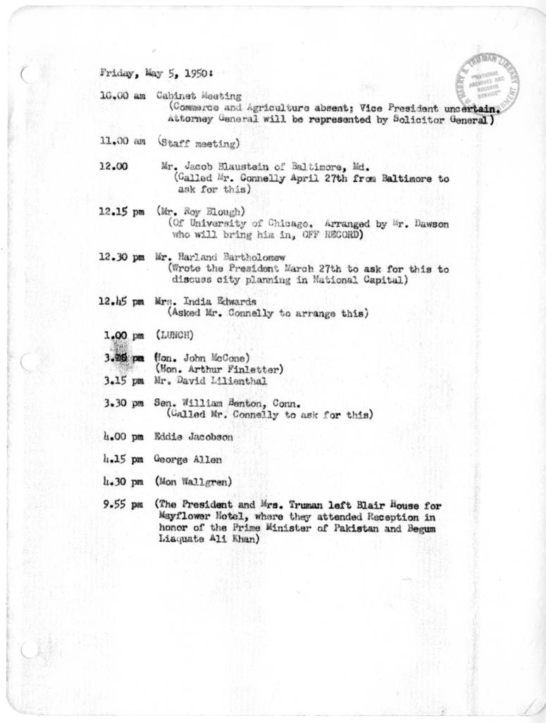 Daily Appointment Sheet for President Harry S. Truman