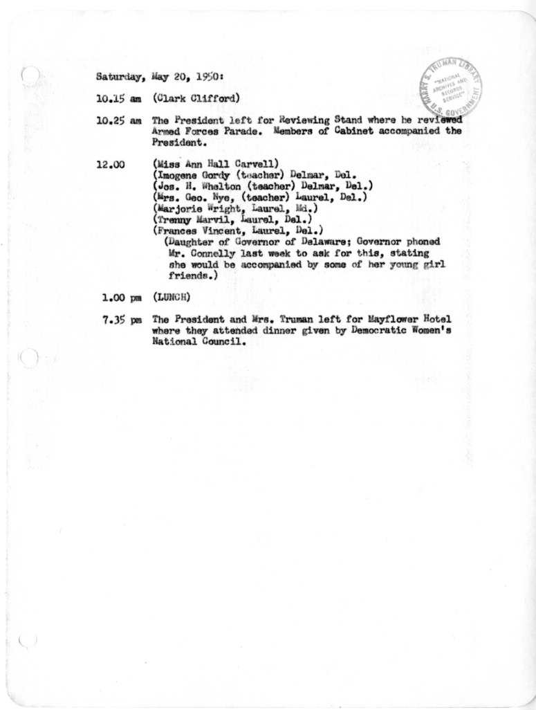 Daily Appointment Sheet for President Harry S. Truman