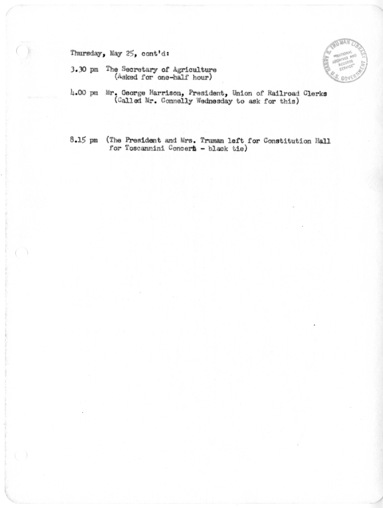 Daily Appointment Sheet for President Harry S. Truman