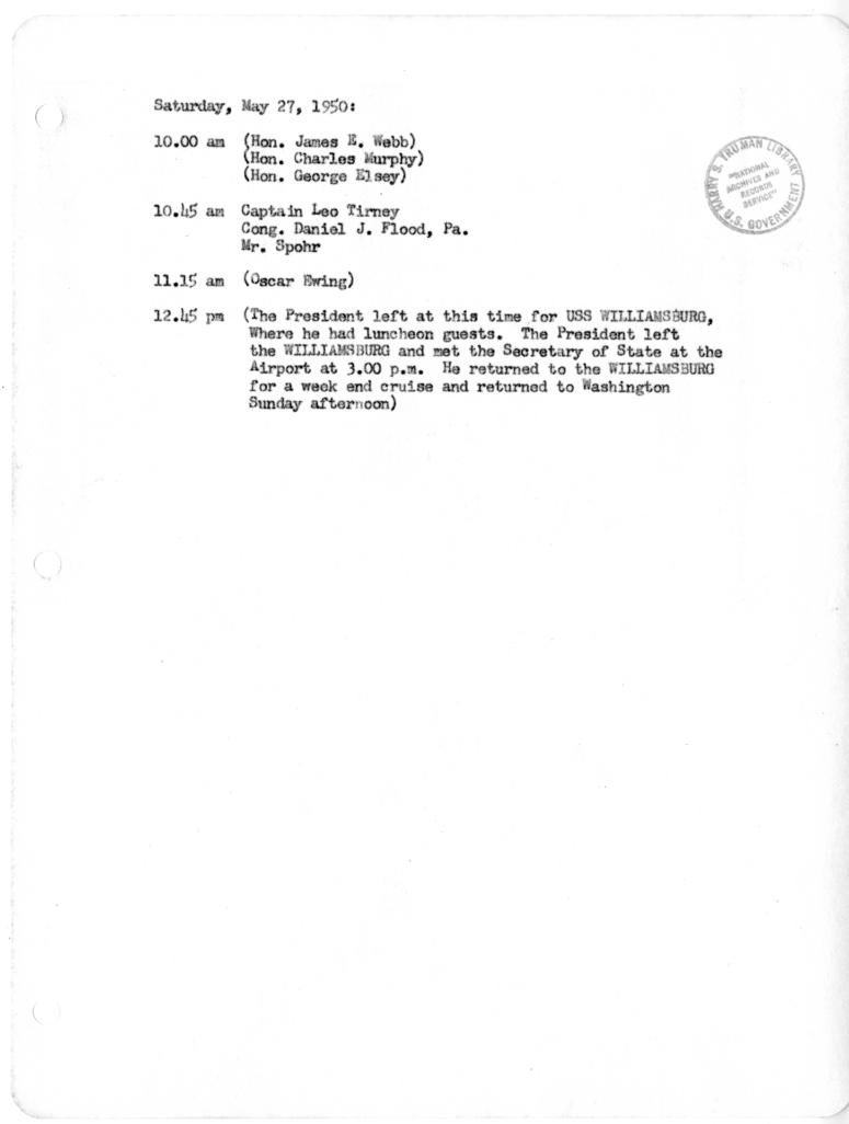 Daily Appointment Sheet for President Harry S. Truman