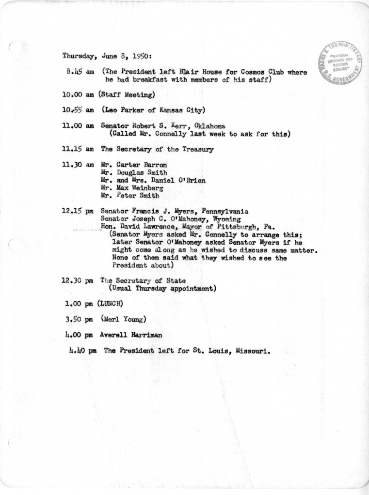 Daily Appointment Sheet for President Harry S. Truman