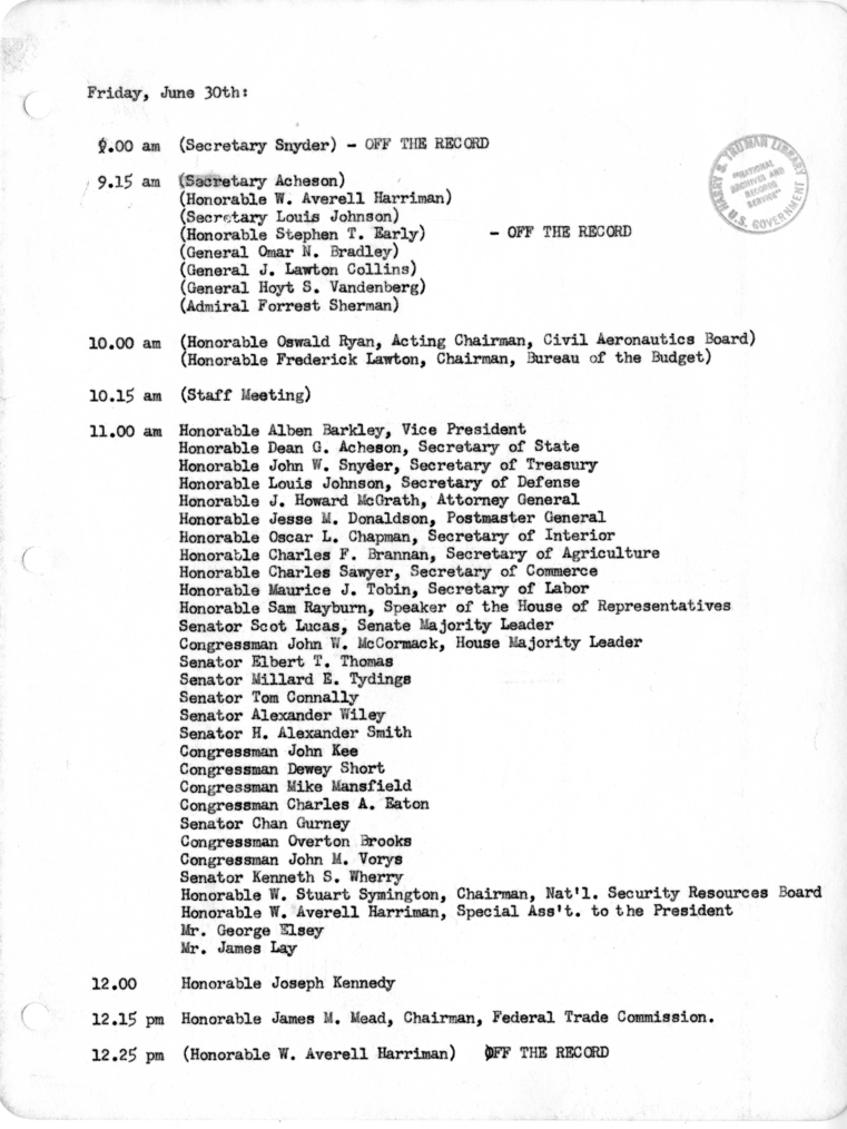 Daily Appointment Sheet for President Harry S. Truman