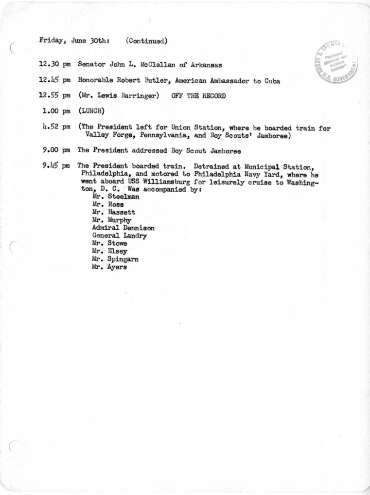 Daily Appointment Sheet for President Harry S. Truman