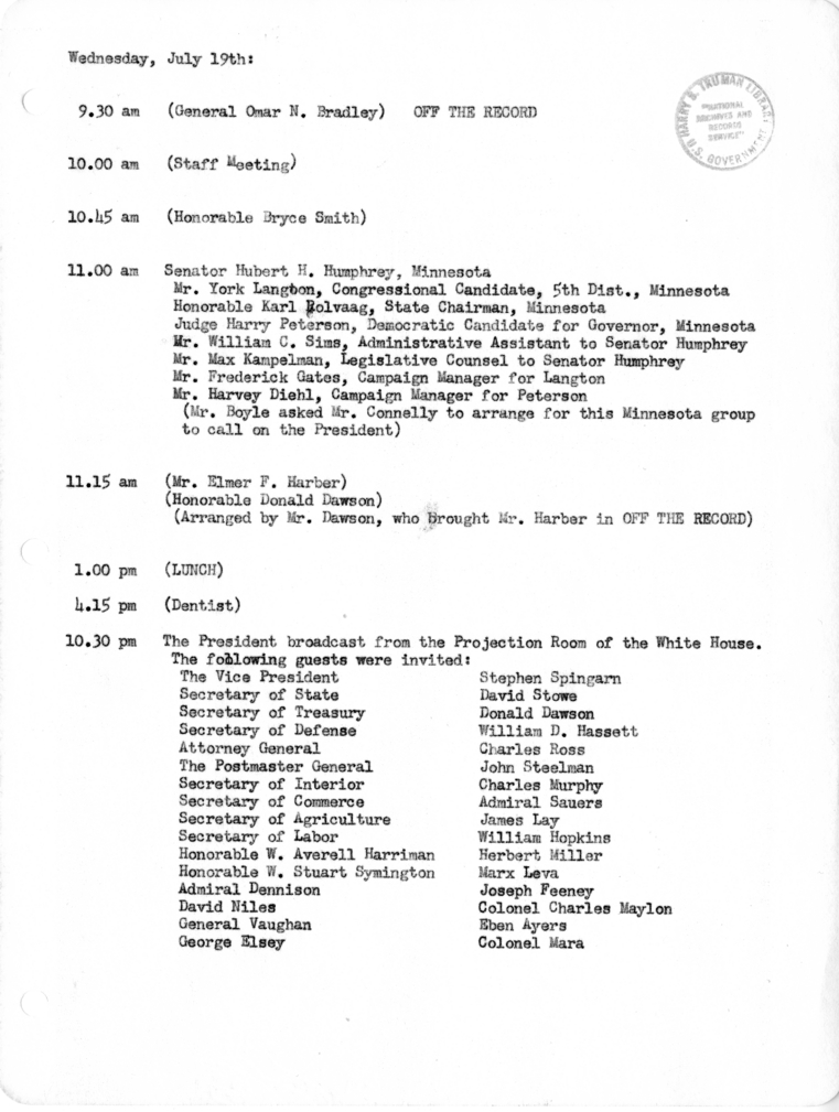 Daily Appointment Sheet for President Harry S. Truman