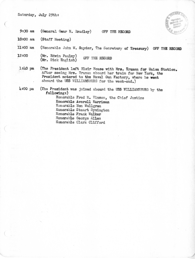 Daily Appointment Sheet for President Harry S. Truman