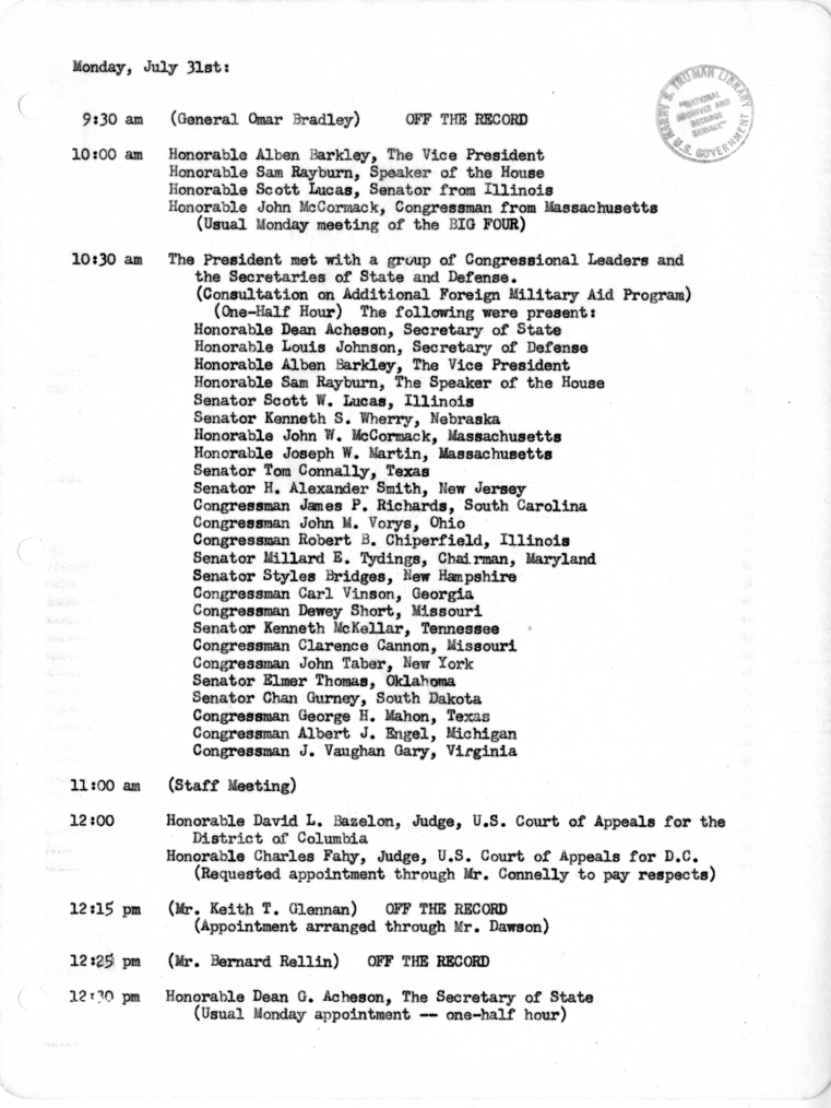 Daily Appointment Sheet for President Harry S. Truman