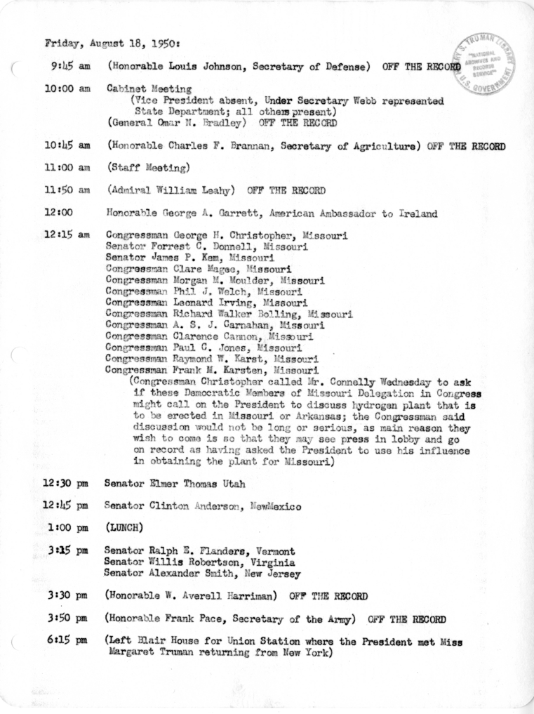 Daily Appointment Sheet for President Harry S. Truman