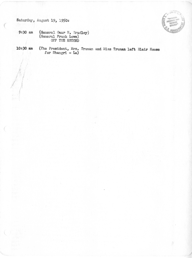 Daily Appointment Sheet for President Harry S. Truman