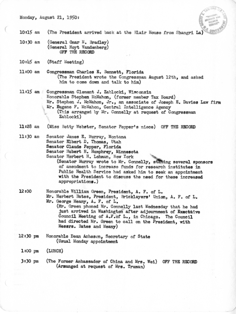 Daily Appointment Sheet for President Harry S. Truman