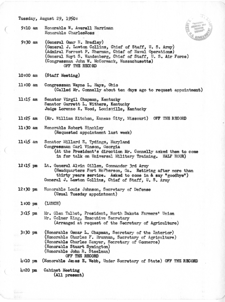 Daily Appointment Sheet for President Harry S. Truman