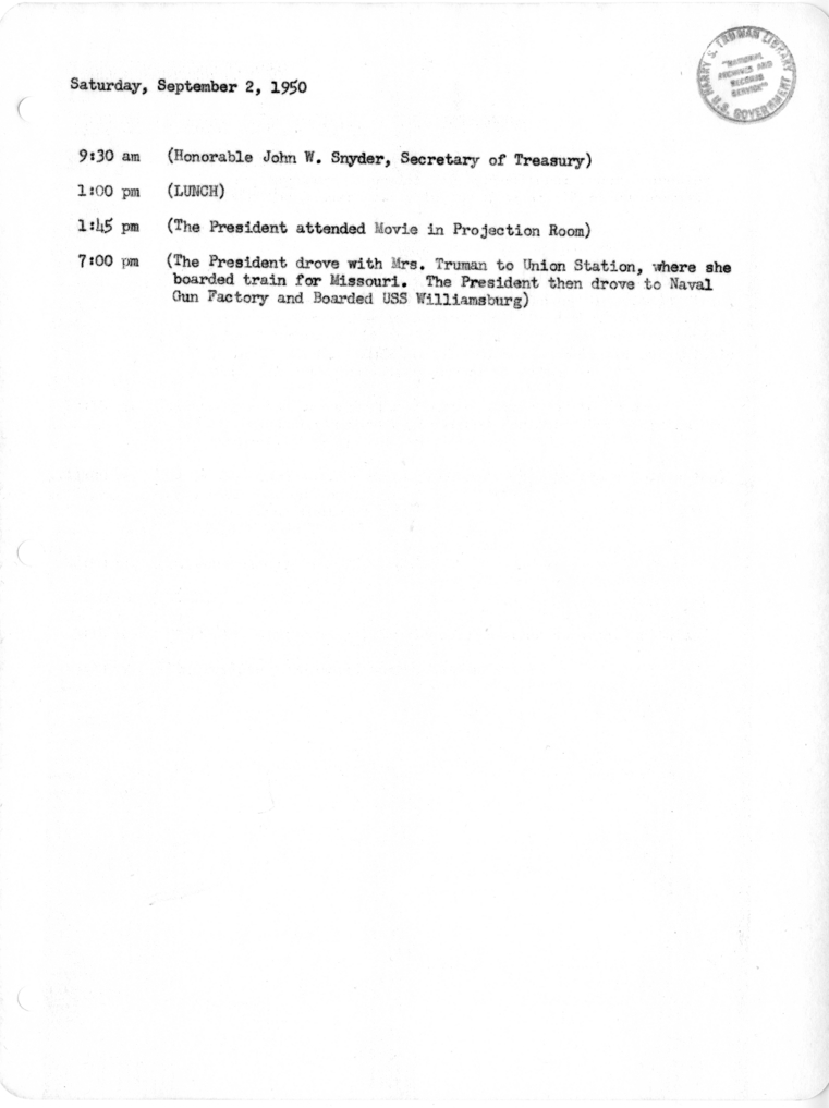 Daily Appointment Sheet for President Harry S. Truman