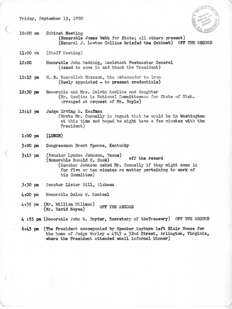 Daily Appointment Sheet for President Harry S. Truman