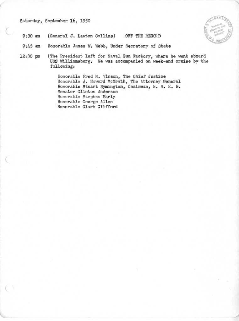 Daily Appointment Sheet for President Harry S. Truman